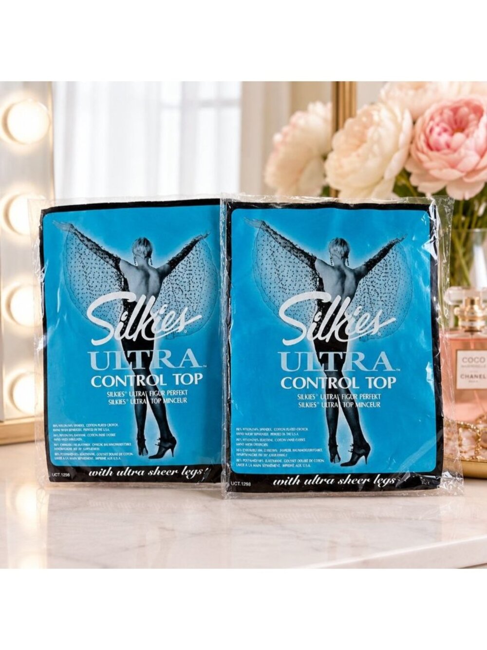 Silkies Ultra Control Top Pantyhose Womens Large  Jet Black 2 Pack Lot 030308